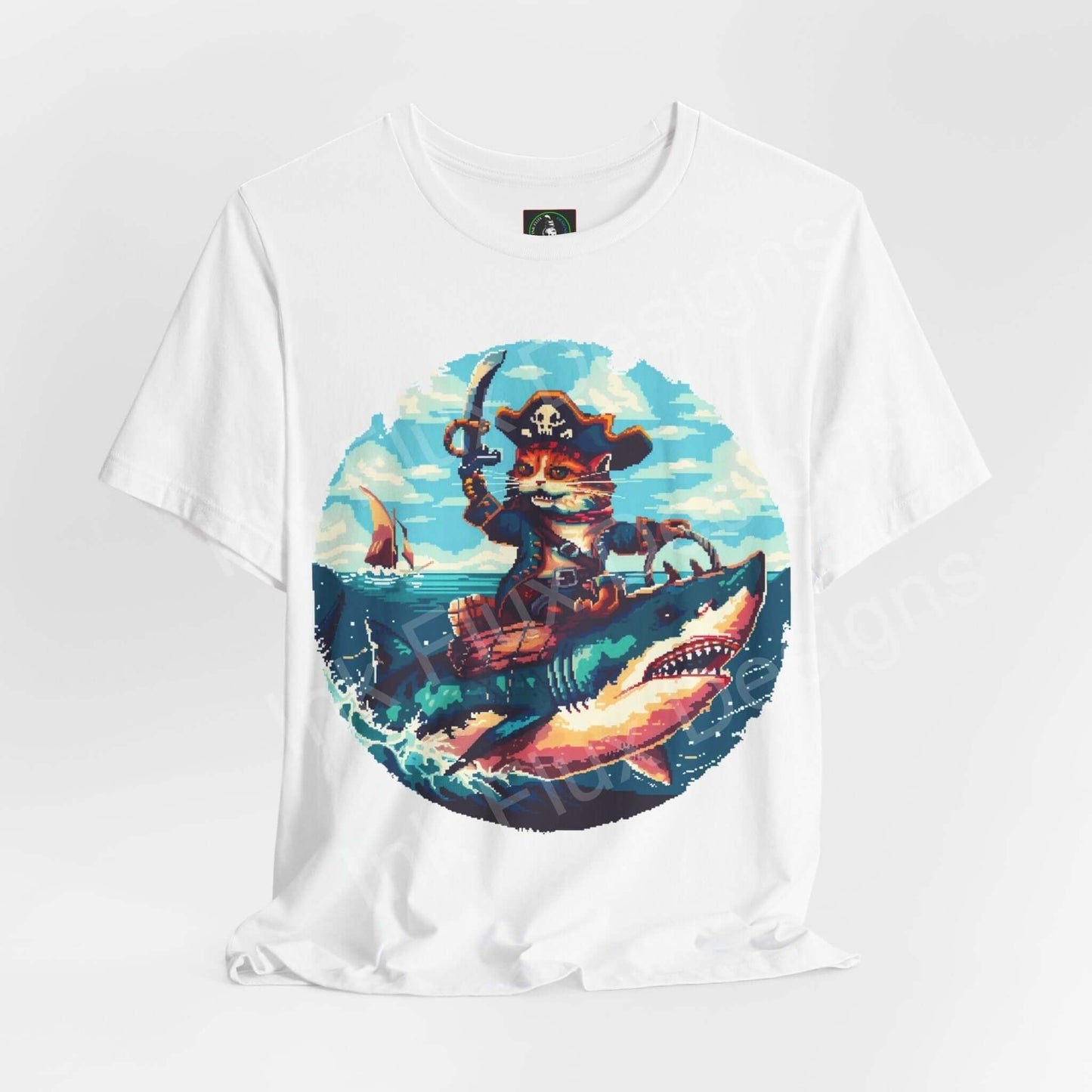 White graphic tee featuring a colorful pirate cat riding a shark design, ideal for fans of unique and playful shirts.