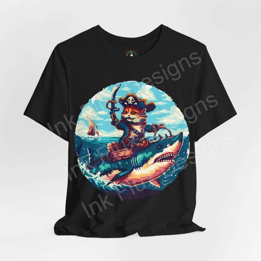 Black graphic tee featuring a bold Pirate Cat design with a cat riding a shark, ideal for fans of unique and artistic cat-themed T-shirts.