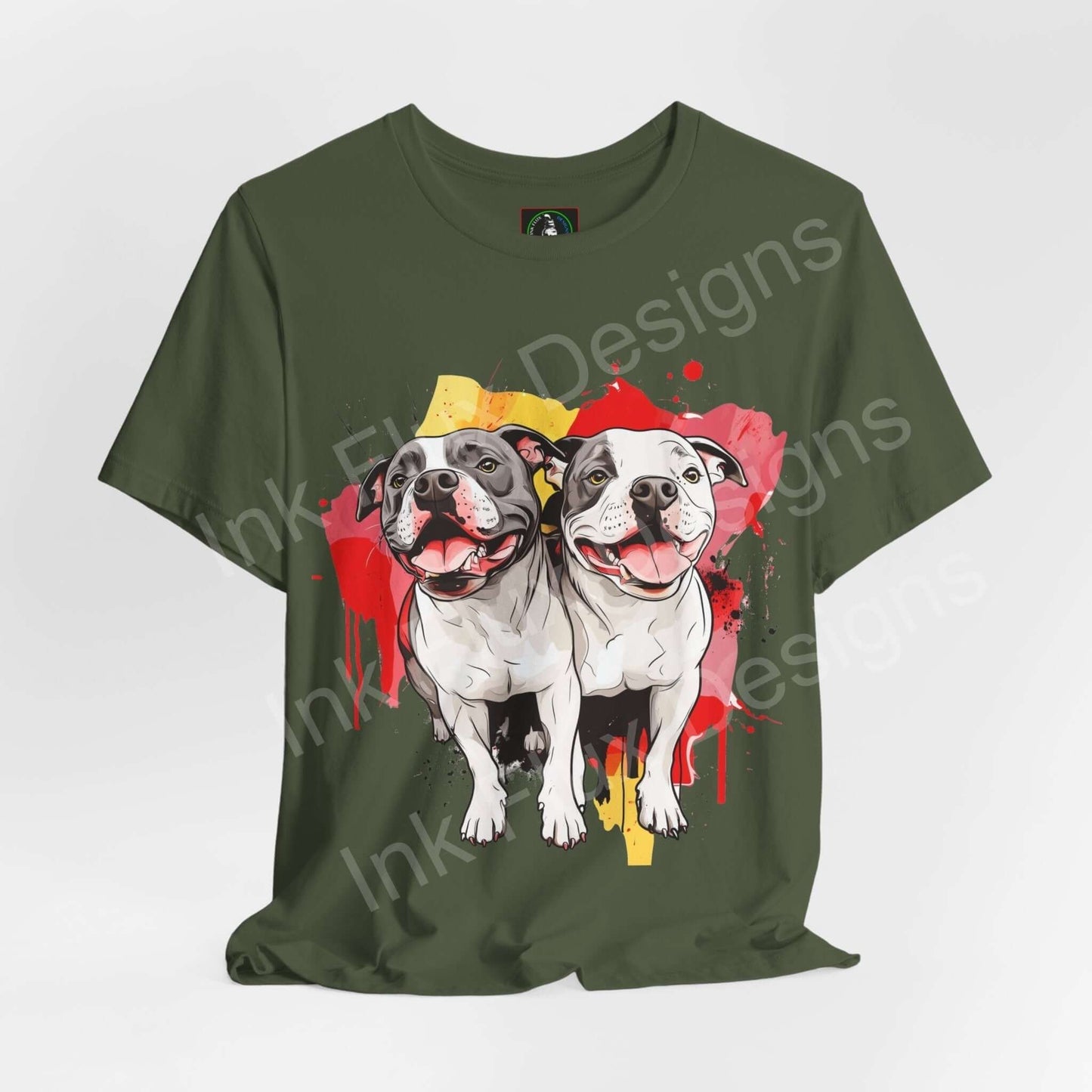 Pitbull Dog T-Shirt featuring a graphic of two happy pitbulls on a green shirt, celebrating companionship and loyalty.