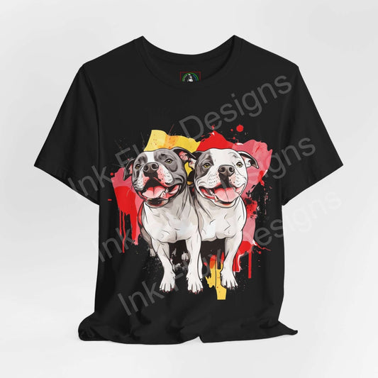 Black graphic tee featuring two smiling pitbulls with vibrant red and yellow accents, perfect for dog lovers and T-shirt enthusiasts.