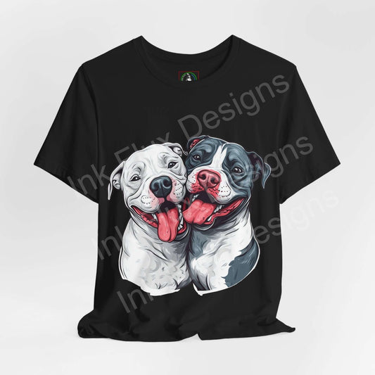 Black unisex T-shirt featuring a graphic design of two smiling Pitbull dogs, ideal for dog lovers and casual wear.