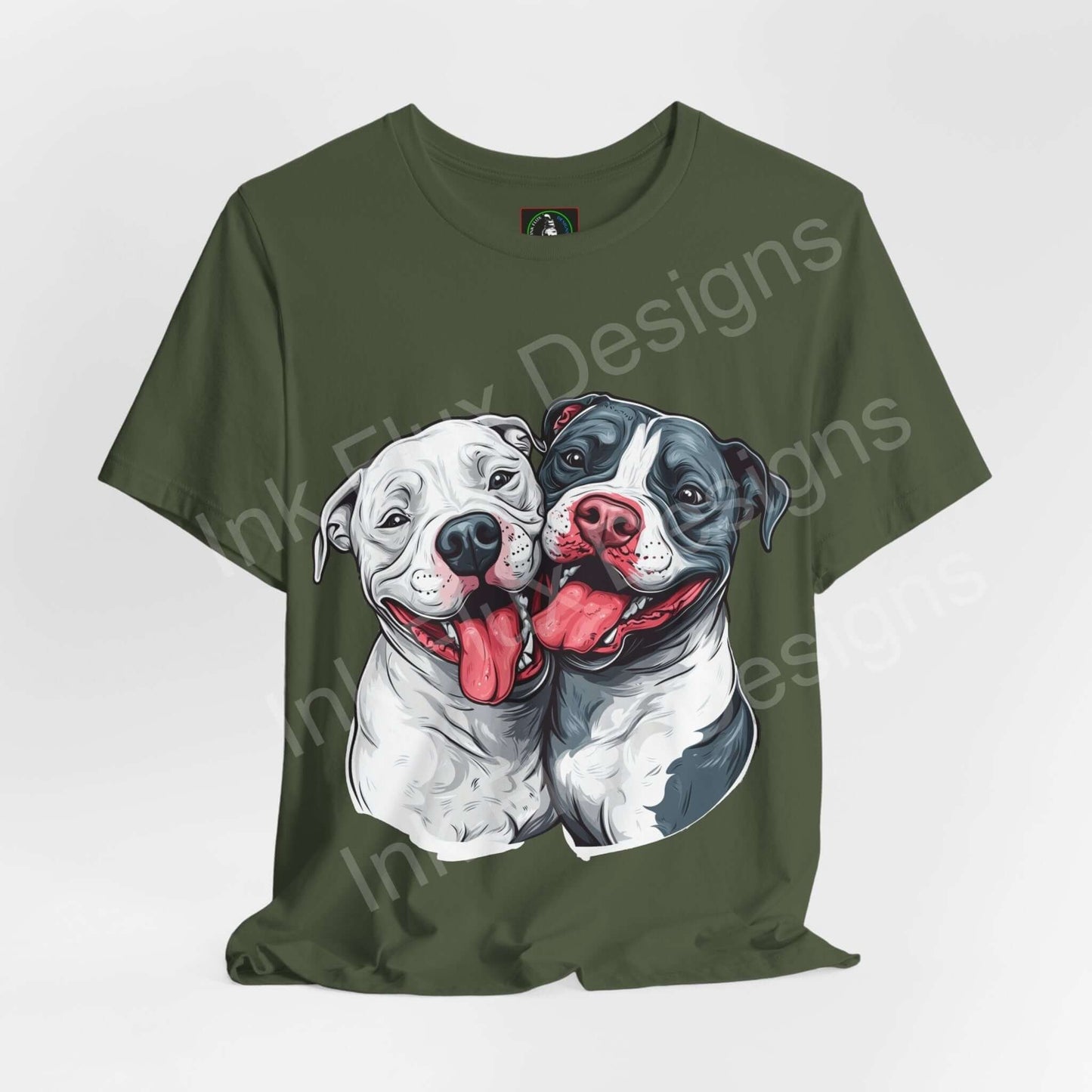 Pitbull Dog T-Shirt featuring a graphic of two smiling pitbulls celebrating connection and loyalty.