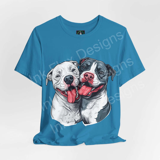 Blue graphic tee featuring two jovial pitbulls, strategically designed for style and comfort, perfect for dog lovers and casual wear.