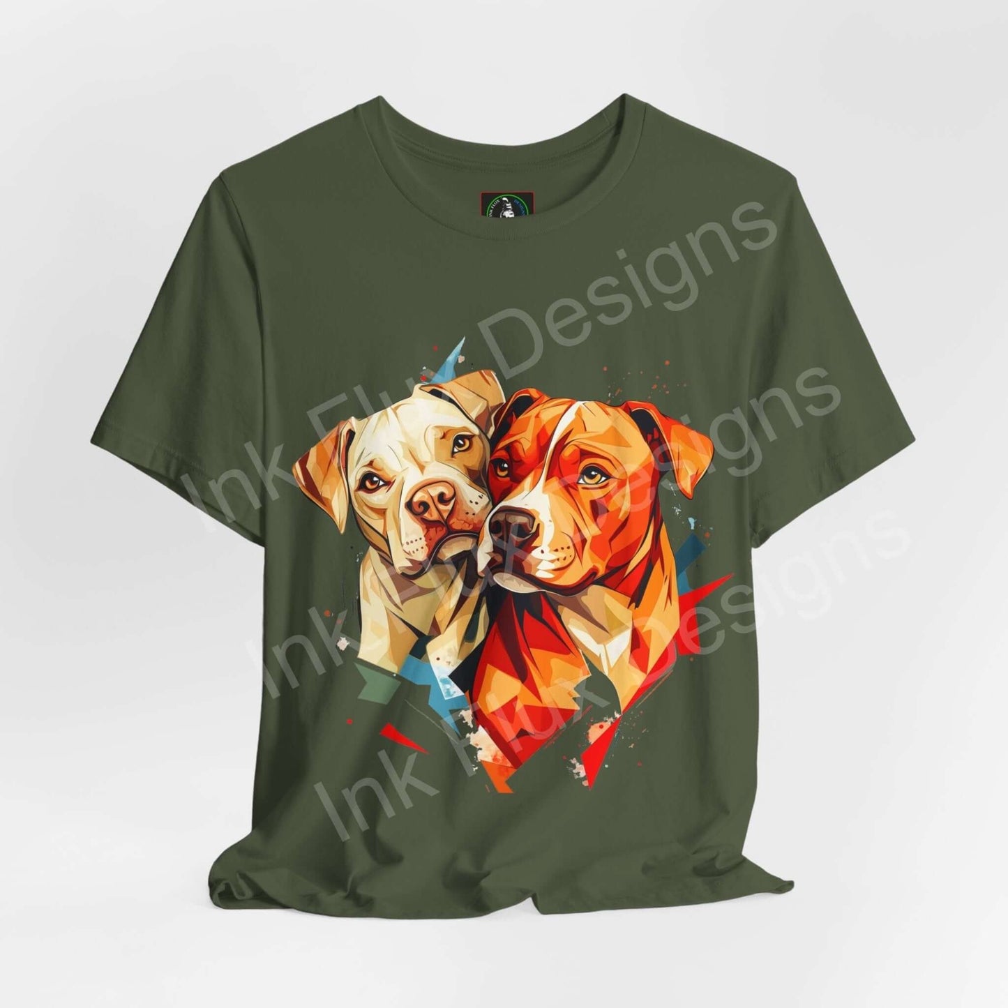 Pitbull Dog T-Shirt featuring a graphic art design of two pitbulls representing companionship.
