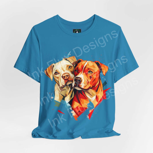 Blue graphic tee featuring a vibrant, geometric design of two Pitbulls, perfect for dog lovers, from Bella+Canvas.