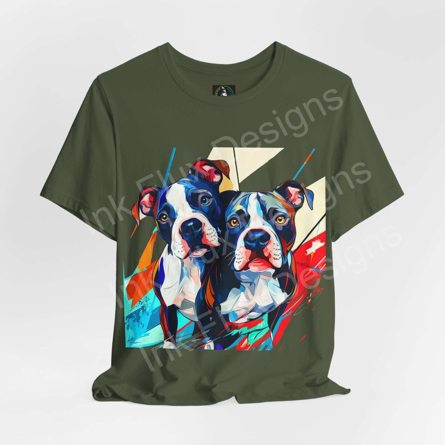Pitbull Dog T-Shirt featuring a colorful graphic of two playful pitbull dogs on an olive green background.