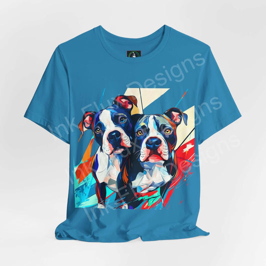 Blue graphic tee featuring a colorful, abstract design of two pitbulls, ideal for dog lovers and stylish tee collectors.