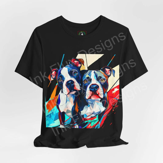 Graphic tee featuring colorful Pitbull Pair IV design on black, unisex, Bella+Canvas T-shirt with ribbed collar and tapered shoulders.