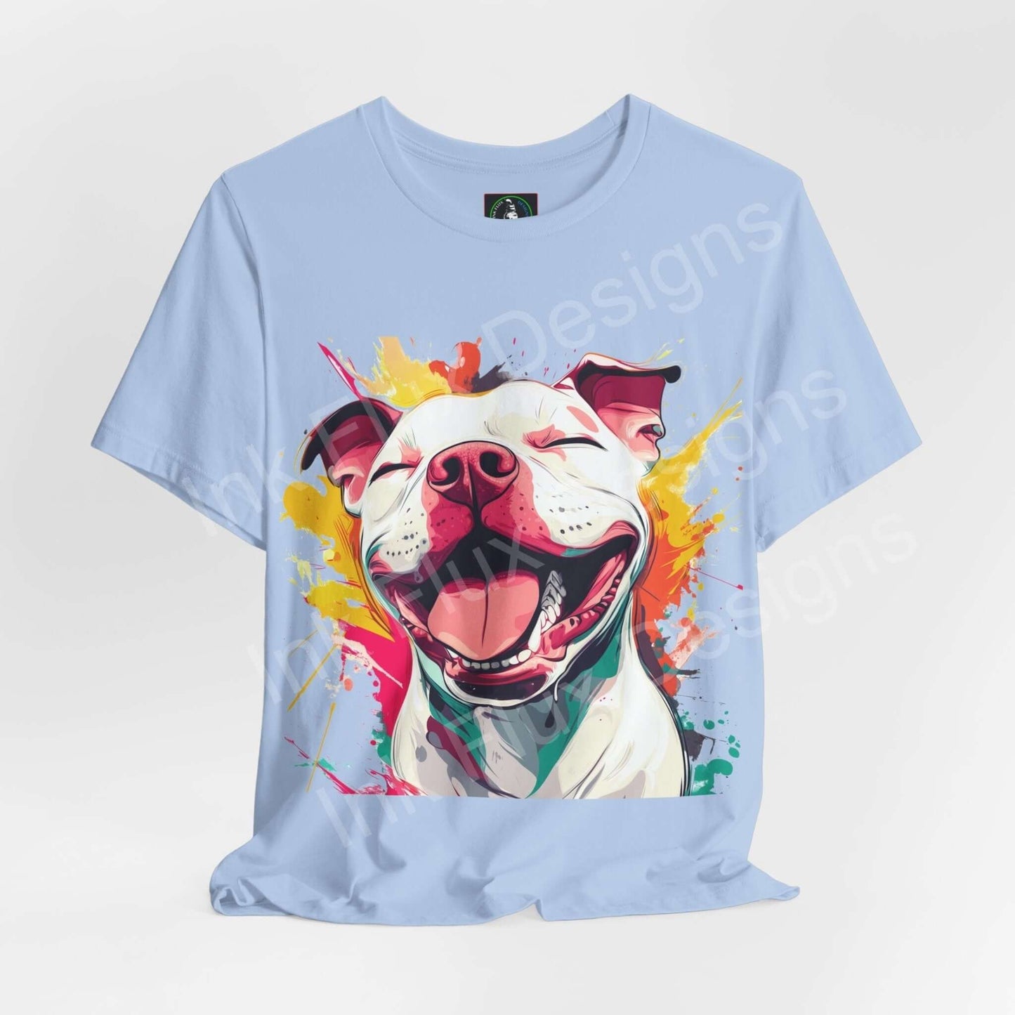 Graphic tee featuring a vibrant Pitbull smile design on a light blue unisex jersey T-shirt, perfect for dog lovers and tee collectors.