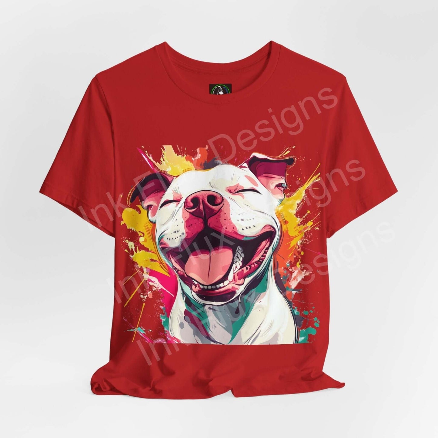 Red graphic tee featuring a joyful Pitbull with a vibrant, colorful splash design, perfect for dog lovers and style enthusiasts.