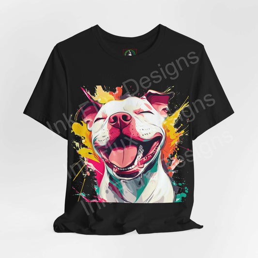 Vibrant graphic tee featuring a smiling pitbull design in bold colors on a black unisex T-shirt, ideal for dog lovers and casual wear.