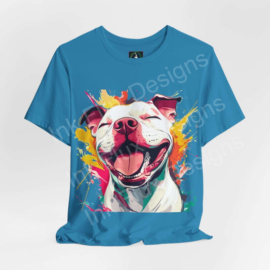 Vibrant blue graphic tee featuring a smiling pitbull with colorful paint splashes, ideal for dog lovers and casual fashion enthusiasts.