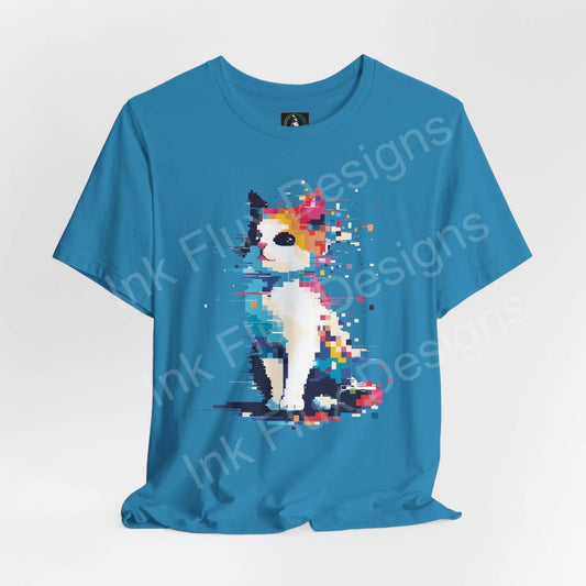 Pixel Cat I graphic tee in blue, featuring a vibrant, pixelated cat design on a high-quality Bella+Canvas T-shirt.