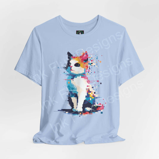 Light blue unisex T-shirt featuring a pixelated cat graphic, designed for style and comfort, made from sustainable Airlume cotton.