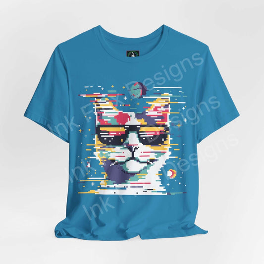 Pixel Cat II graphic tee featuring a vibrant, pixelated cat design on a blue unisex T-shirt, perfect for cat and art enthusiasts.