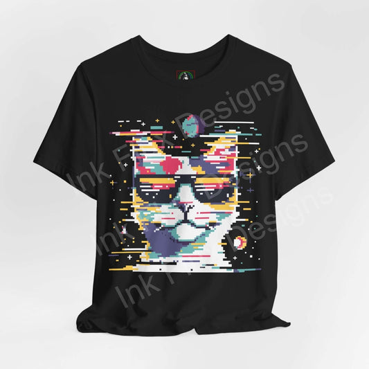 Black unisex Pixel Cat II graphic tee featuring a vibrant, pixelated cat design, crafted from breathable cotton for comfort and style.