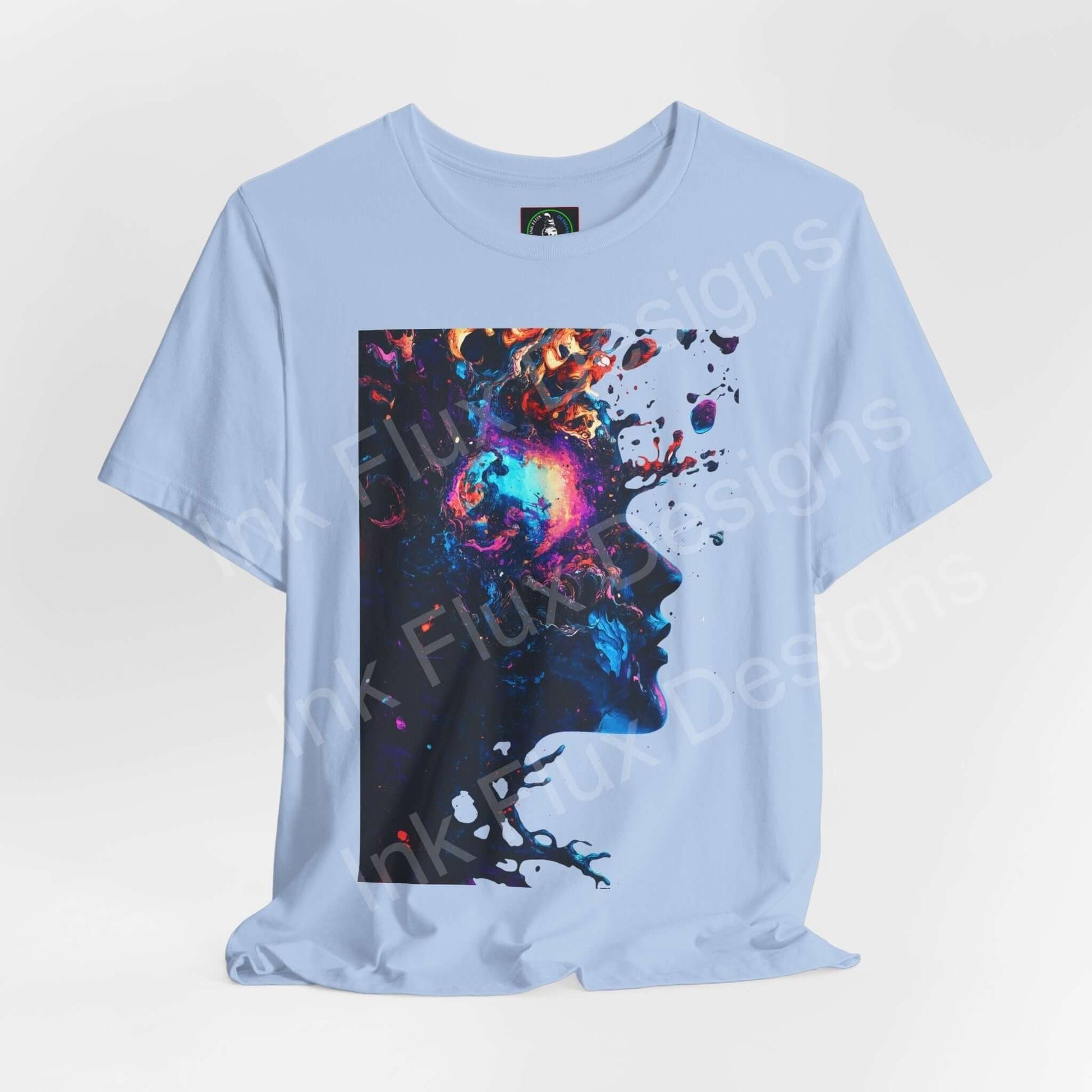 Psychedelic Journey II T-shirt featuring bold, trippy graphics with vibrant splashes of color on a light blue tee, offering stylish comfort and durability.
