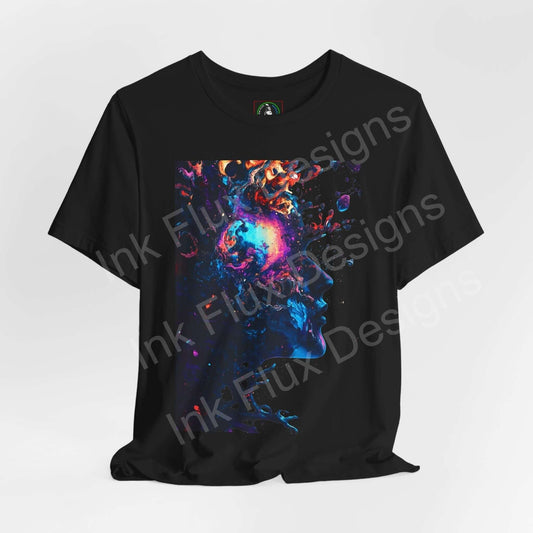 Unisex black T-shirt featuring bold, trippy psychedelic graphics in vibrant colors, perfect for those who love statement graphic tees.