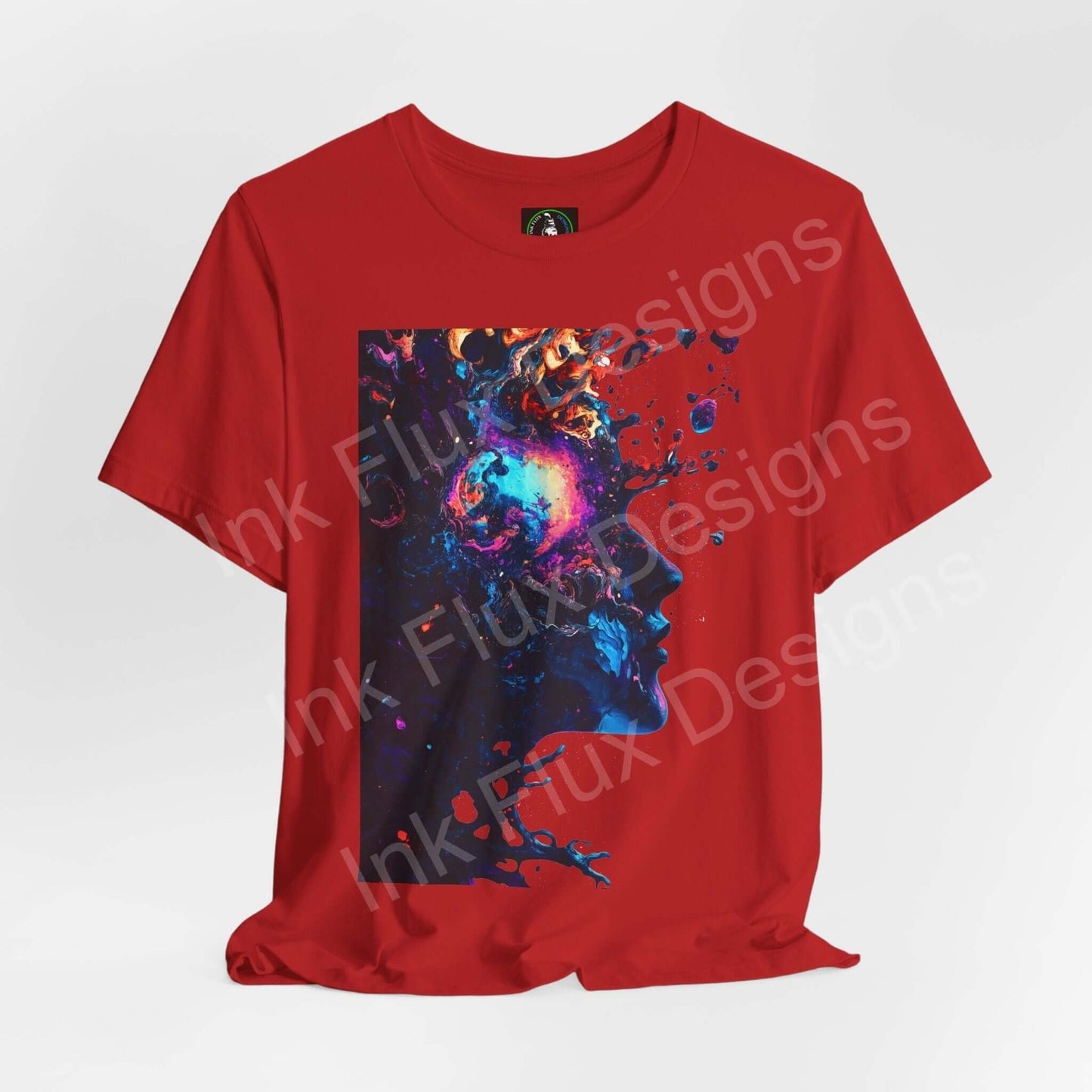 Red unisex T-shirt featuring a bold psychedelic graphic print in vibrant blue and purple, from Bella+Canvas's sustainable Trippy Tees line.