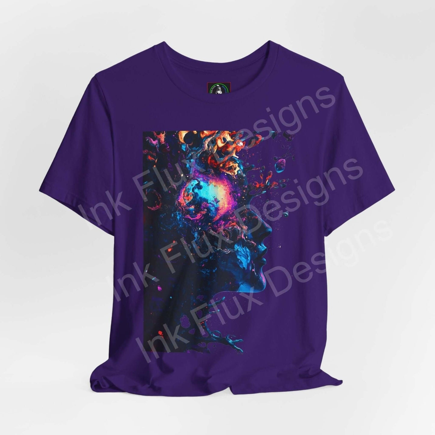 Psychedelic Journey II unisex purple T-shirt with bold trippy graphics, designed for style and comfort, from Bella+Canvas.