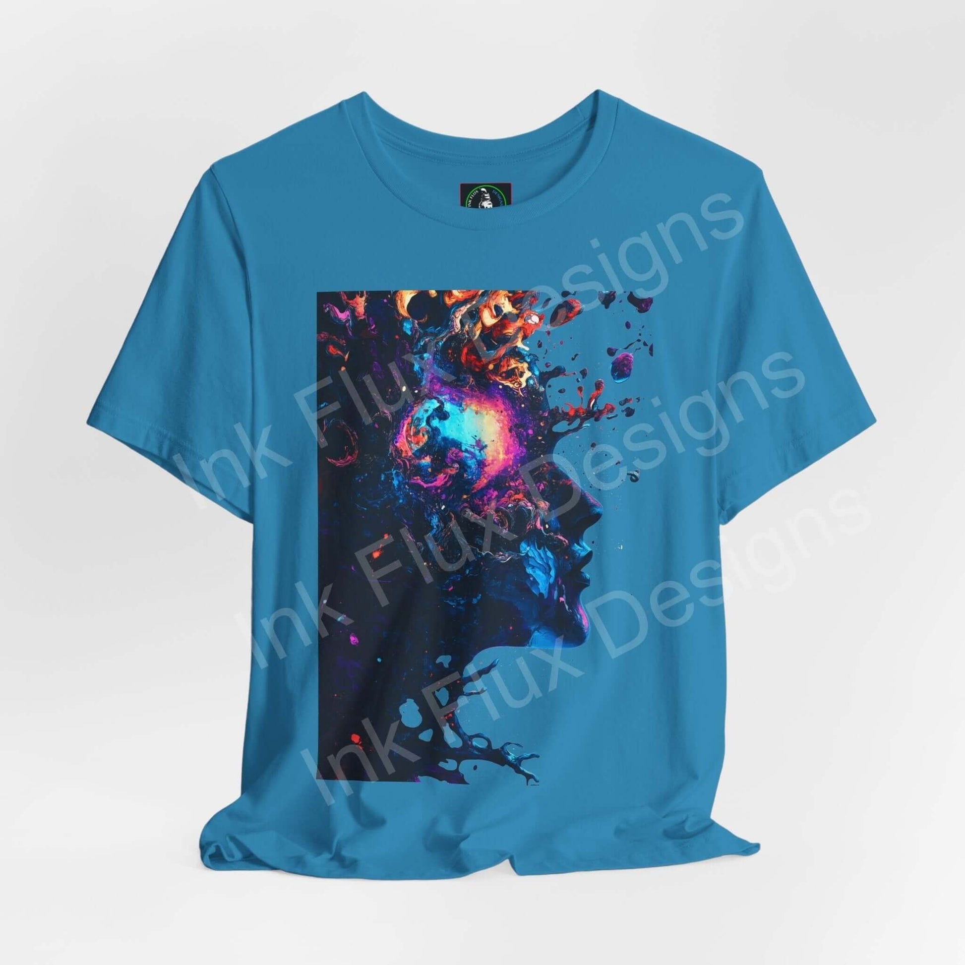 Blue unisex T-shirt featuring bold psychedelic and trippy graphic print, crafted from breathable cotton, ideal for comfort and style.