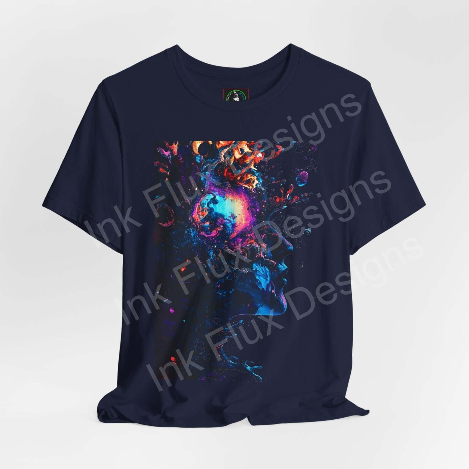"Psychedelic Journey II graphic tee featuring bold, trippy visuals in vibrant colors on a dark unisex T-shirt, perfect for style and comfort."