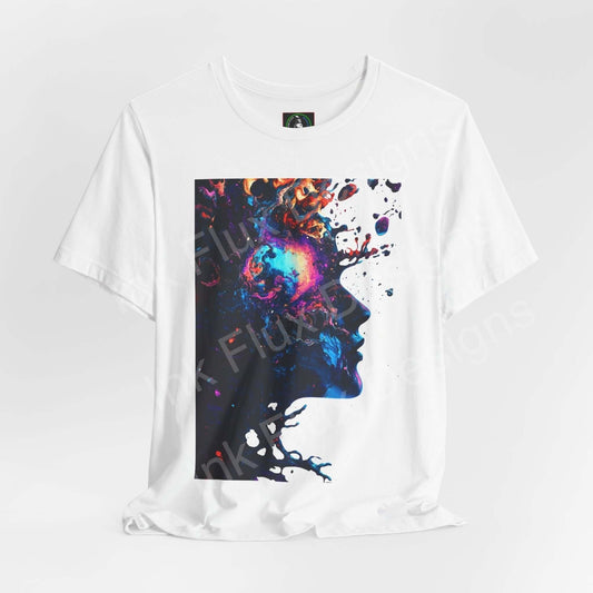 Unisex white T-shirt with bold psychedelic graphic featuring vibrant, trippy colors in a splatter and abstract face design, showcasing a stylish and artistic look.