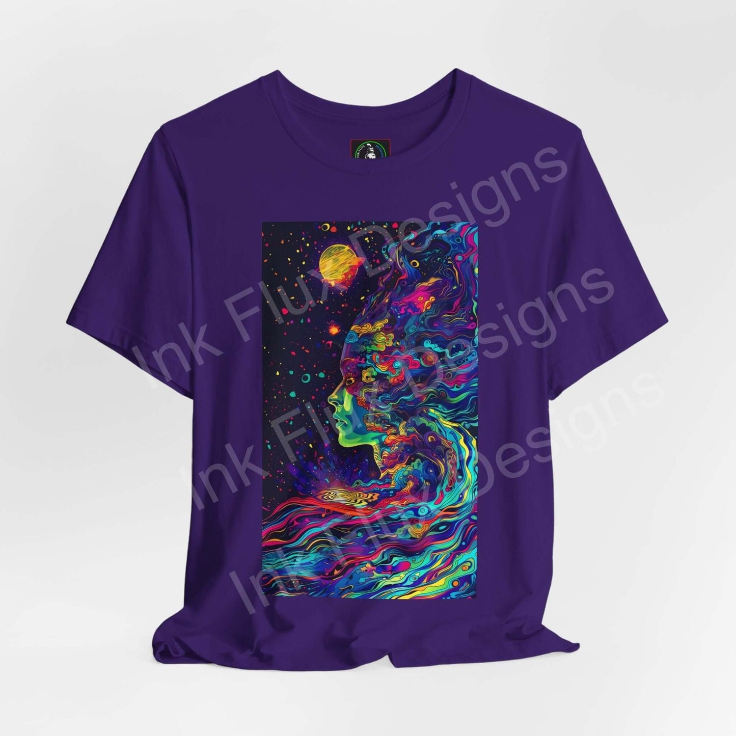 Psychedelic Journey graphic tee with bold, trippy designs on a purple unisex T-shirt, featuring vibrant swirls and celestial elements.