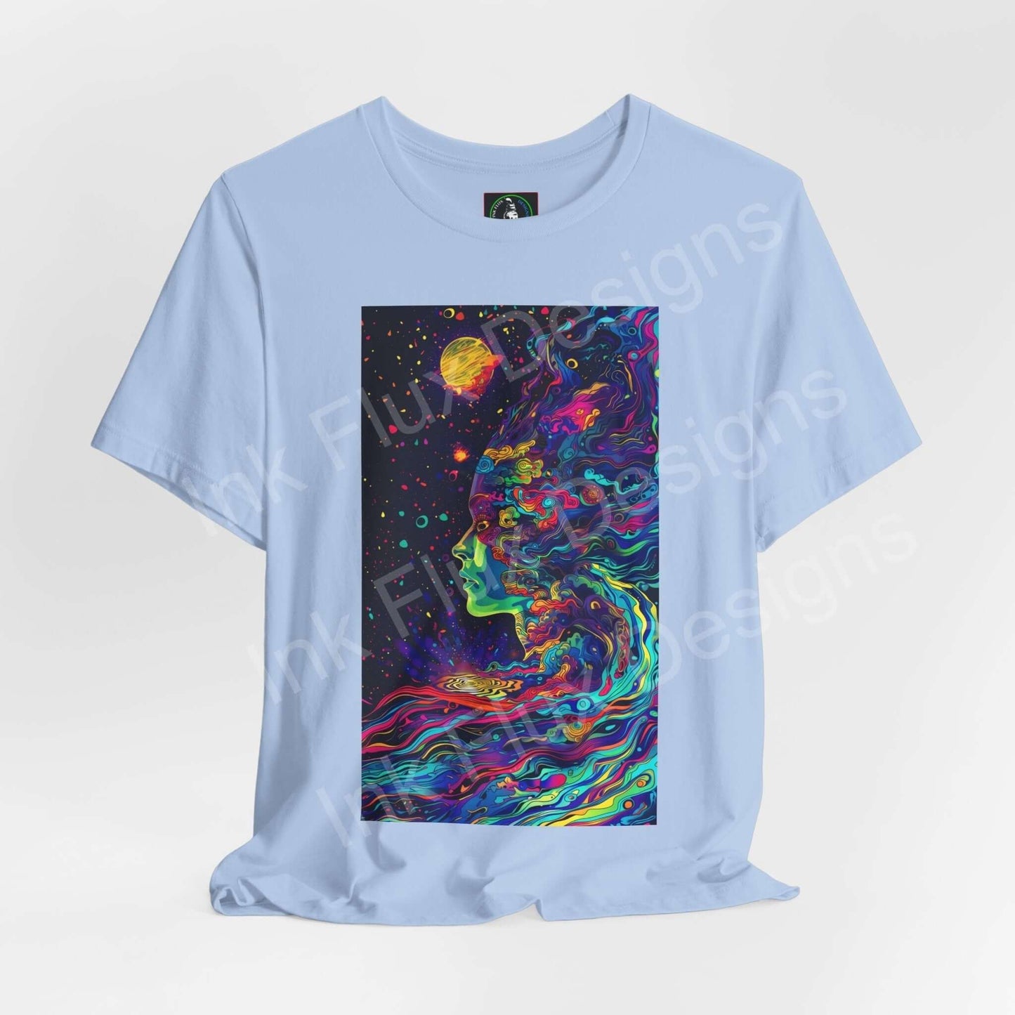 Blue unisex T-shirt featuring a bold psychedelic graphic with vibrant, trippy colors depicting a cosmic scene.