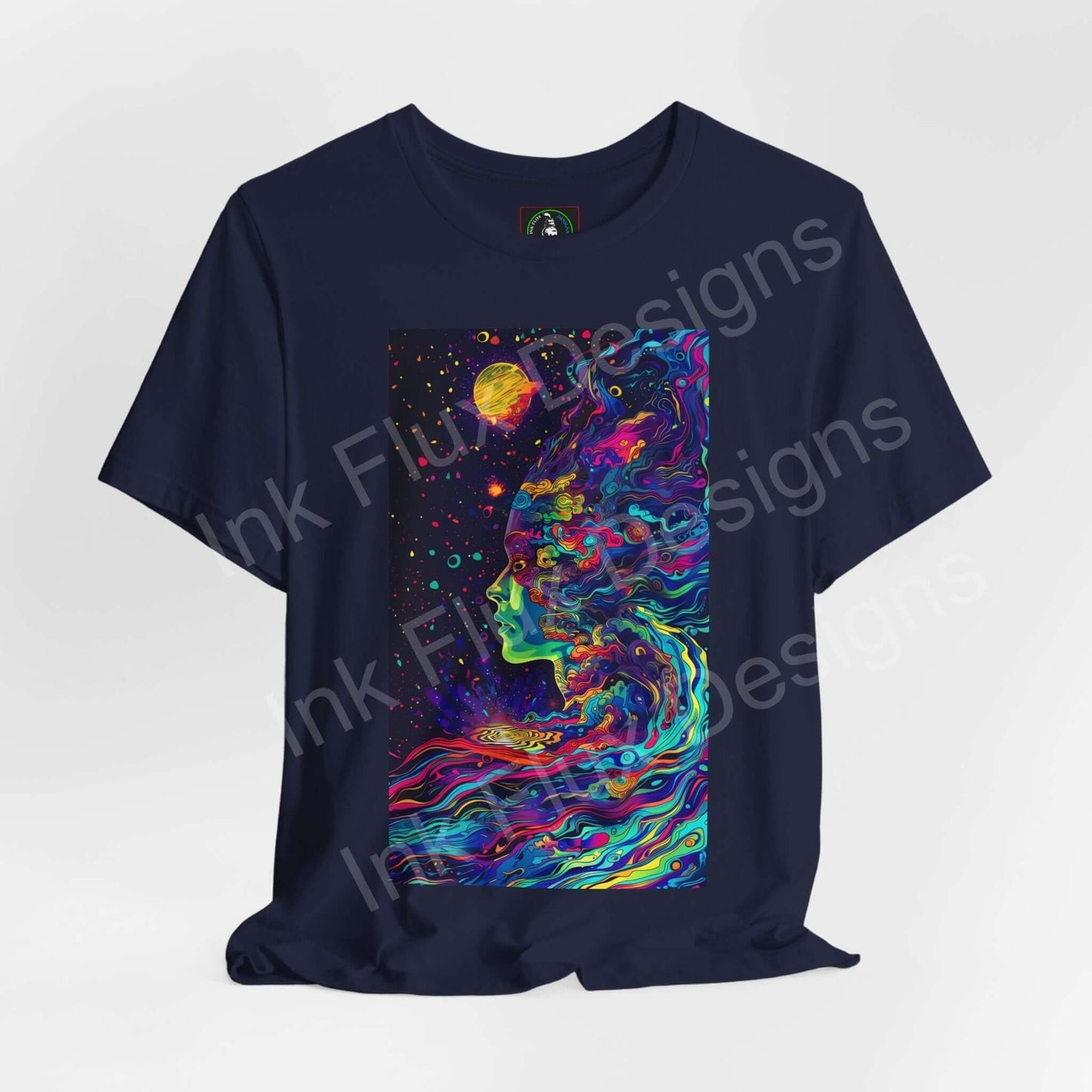 Unisex navy blue T-shirt featuring a bold psychedelic graphic with vibrant, trippy colors and celestial elements, perfect for a statement look.
