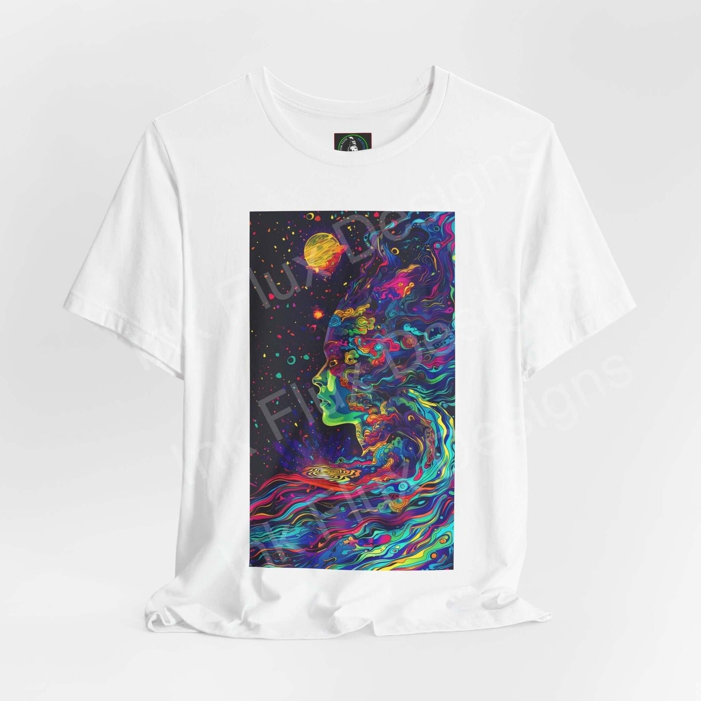 Unisex white T-shirt with a bold psychedelic graphic featuring vibrant, trippy colors and celestial motifs, perfect for a stylish look.