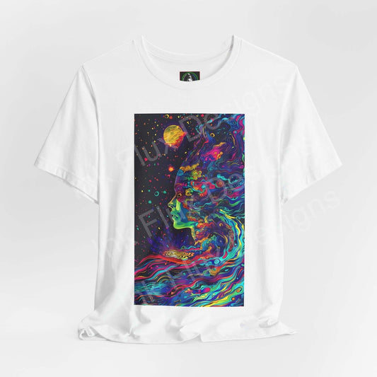 Unisex white T-shirt with a bold psychedelic graphic featuring vibrant, trippy colors and celestial motifs, perfect for a stylish look.
