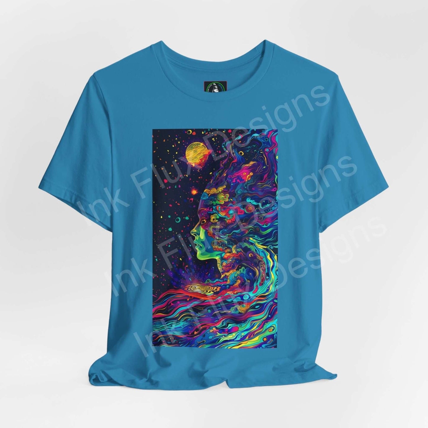 Teal unisex T-shirt featuring a bold, psychedelic graphic of a colorful, trippy face blended with a starry space background.