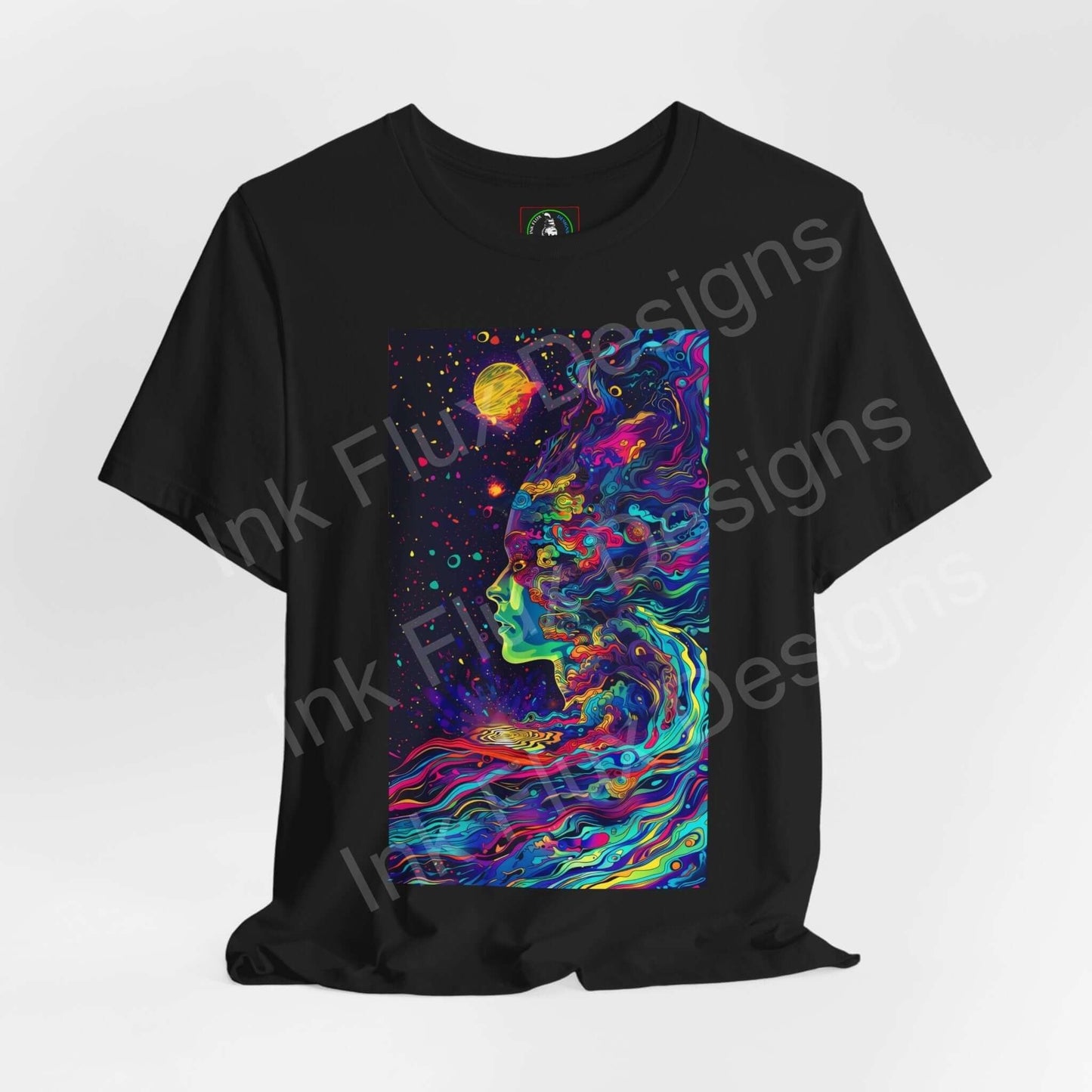 Black unisex T-shirt featuring a bold, psychedelic graphic of a colorful, swirling profile with stars and a planet.