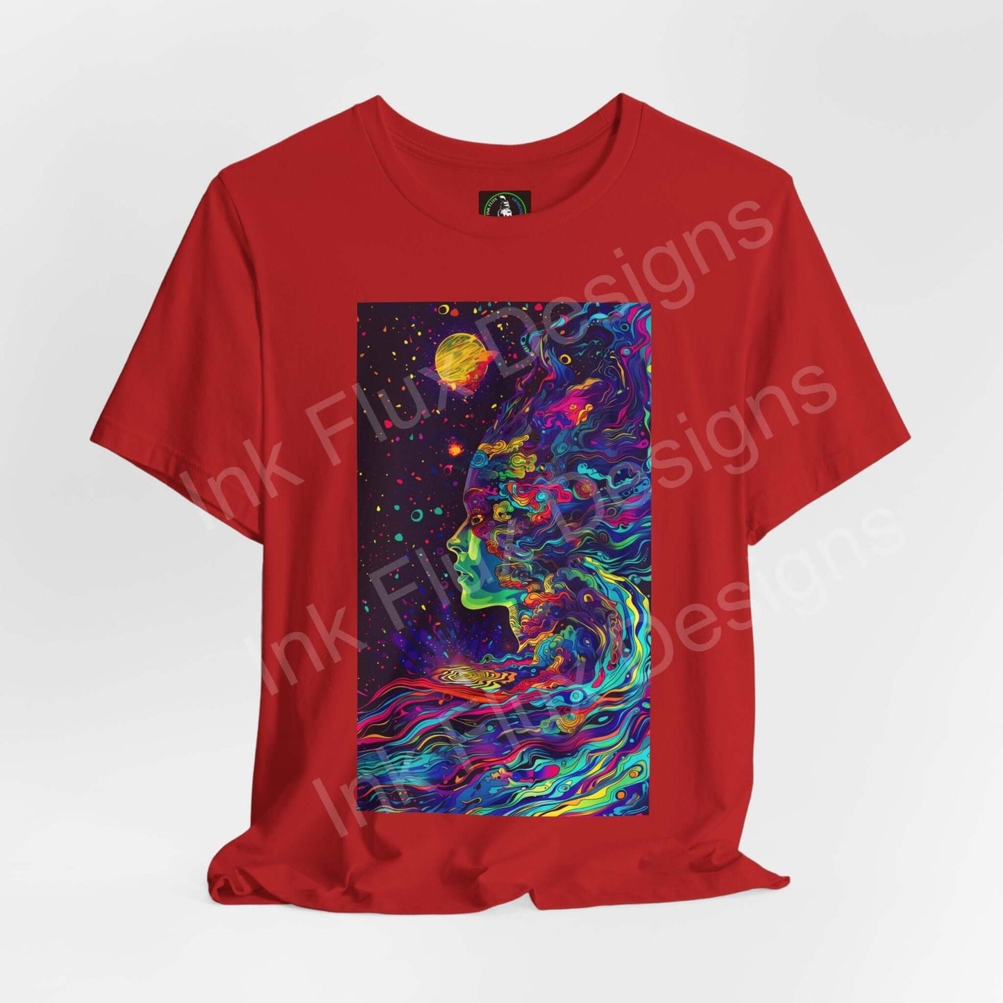 Red unisex T-shirt featuring a bold psychedelic graphic with swirling colors and celestial elements, from the "Psychedelic Journey" collection.