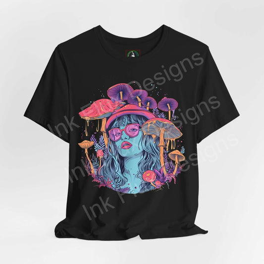 Black unisex T-shirt featuring a bold, psychedelic mushroom graphic with vibrant colors and a stylized female face, ideal for fans of trippy, graphic tees.