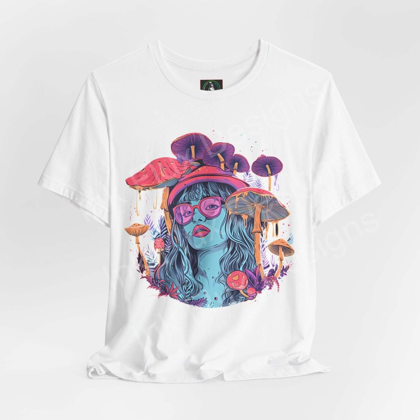 White unisex T-shirt featuring a bold, psychedelic mushroom graphic with a vibrant, trippy design in pink and purple, perfect for fans of stylish graphic tees.