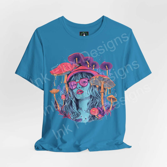 Blue T-shirt featuring bold psychedelic mushroom graphic design with vibrant trippy visuals, unisex jersey style by Bella+Canvas.