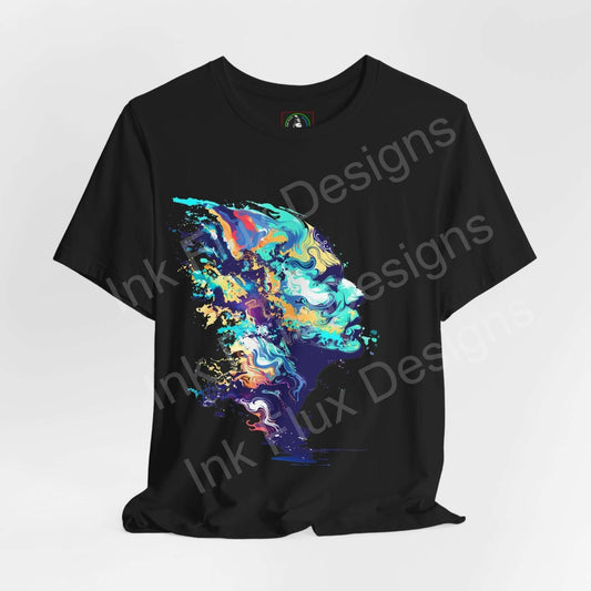 Black unisex T-shirt with a vibrant, psychedelic portrait in bold, trippy colors, showcasing a bold graphic design on breathable cotton fabric.
