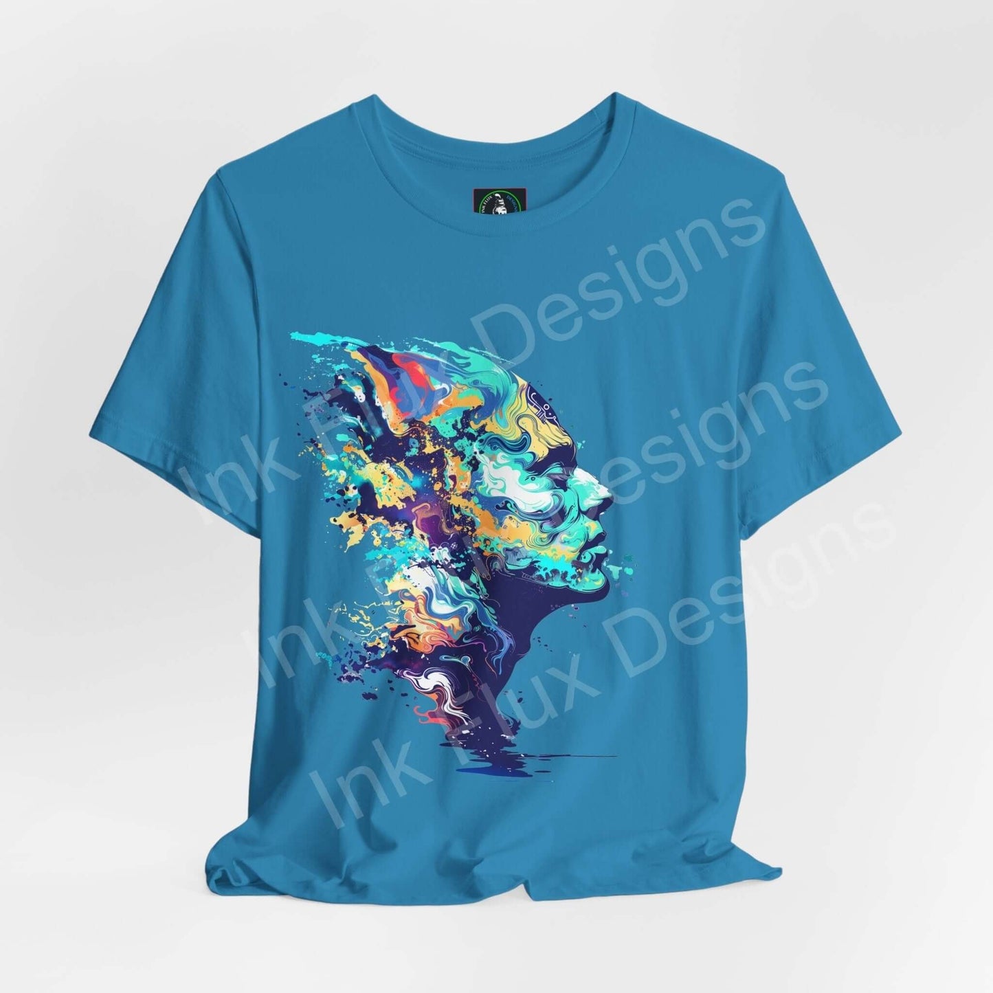 Bold graphic psychedelic portrait on a blue unisex T-shirt, featuring trippy, vibrant splashes of color in a modern art style.