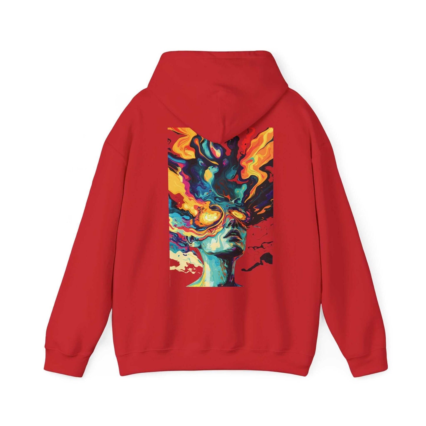 Red 'Psychedelic Trip II' hooded sweatshirt featuring a bold graphic print with vibrant swirls and abstract design.