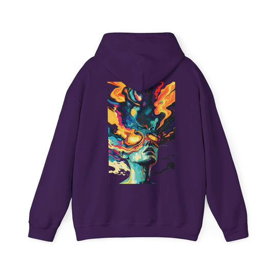 Unisex purple hooded sweatshirt with a vibrant, psychedelic tree design in bold colors, showcasing a mix of graphic art on quality fabric.