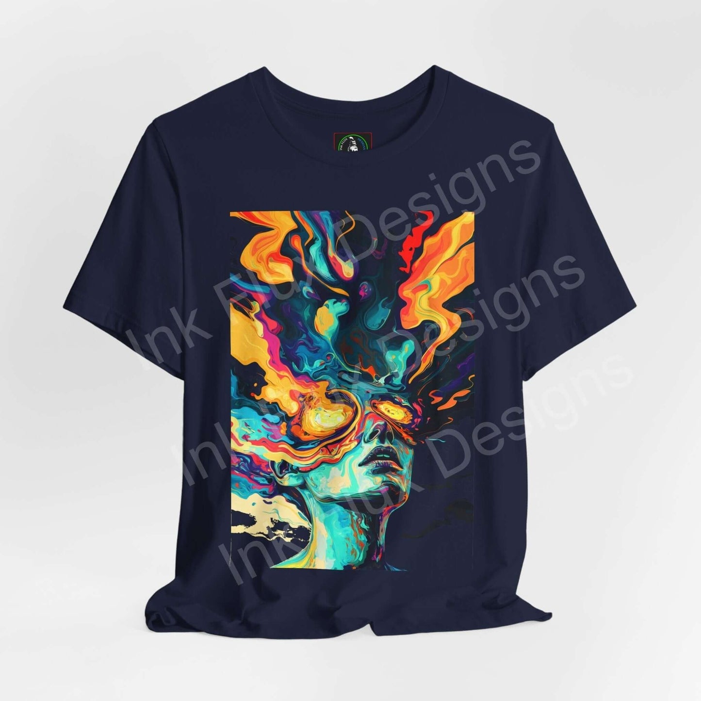 Navy blue unisex T-shirt featuring bold, psychedelic graphic of a colorful, trippy face design, from Bella+Canvas.