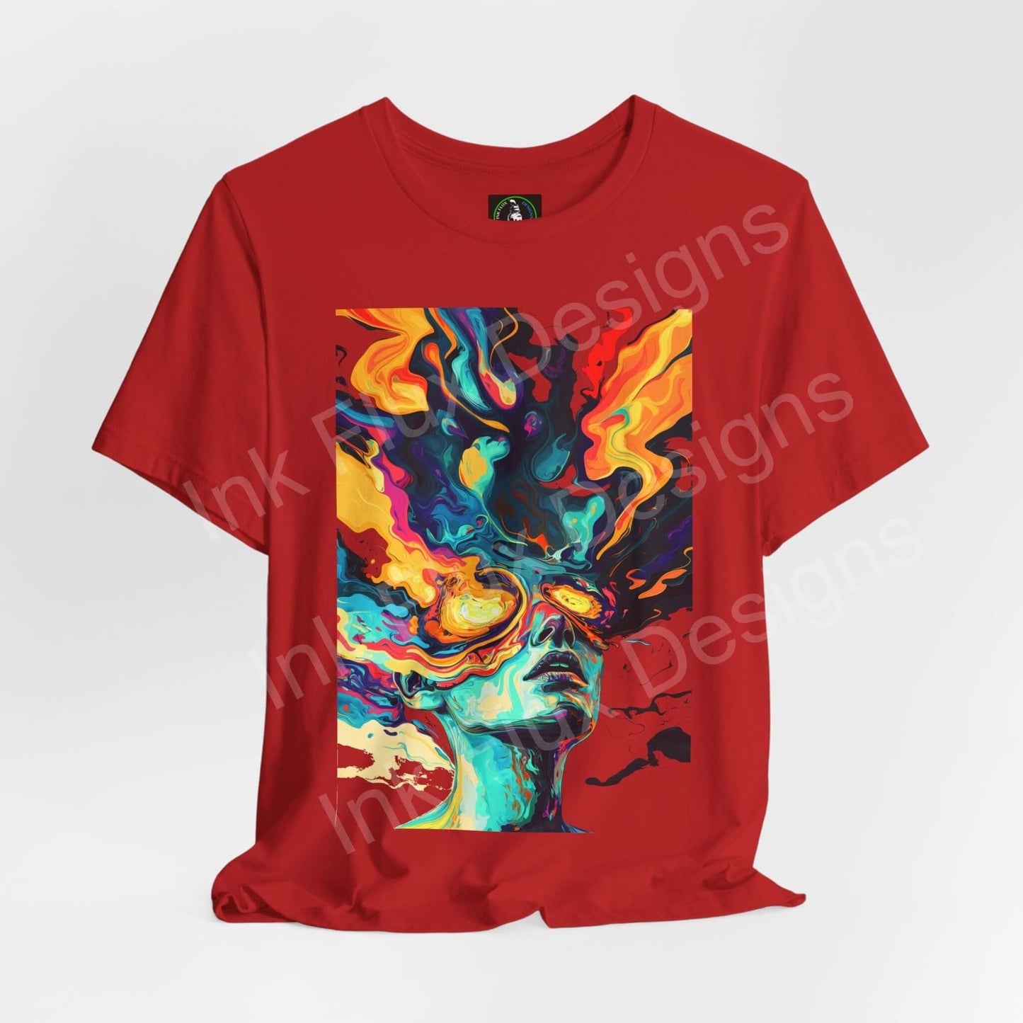 Red unisex T-shirt with a bold, psychedelic graphic featuring vibrant, trippy colors and abstract design, made by Bella+Canvas.