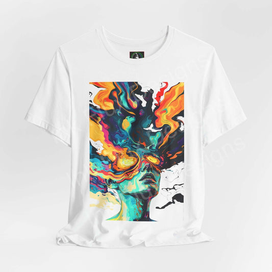 Bold graphic tee featuring a psychedelic, trippy design in vibrant colors on a unisex white shirt, perfect for stylish comfort and expression.