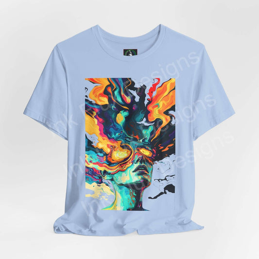 Blue unisex T-shirt with a psychedelic, trippy graphic design featuring bold, swirling colors on a jersey tee by Bella+Canvas.