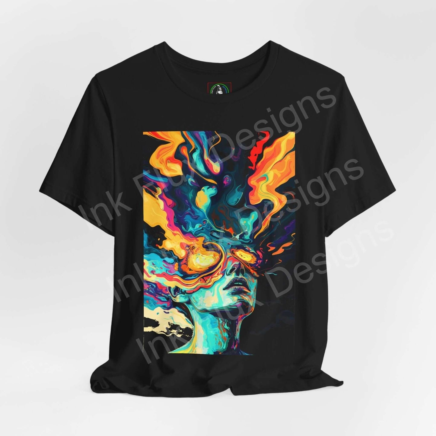 Psychedelic Trip II graphic tee featuring bold, trippy artwork on a black unisex T-shirt, ideal for fans of unique, artistic apparel.