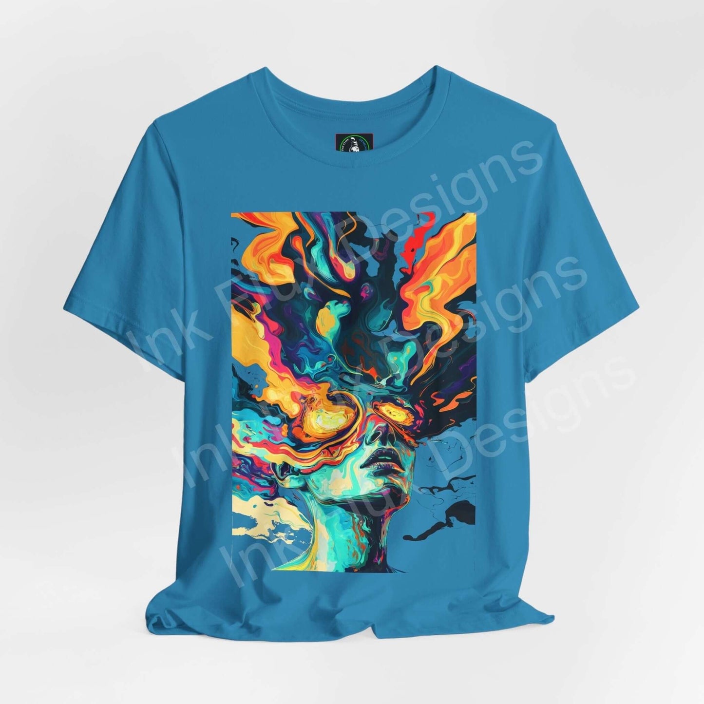 Boldly designed Psychedelic Trip II T-shirt featuring vibrant, trippy graphics on a blue unisex tee, perfect for fans of unique graphic tees.