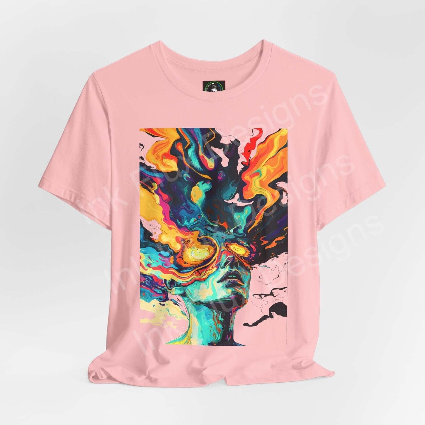 Pink unisex T-shirt with vibrant psychedelic graphic design featuring bold, trippy colors and patterns on the front.