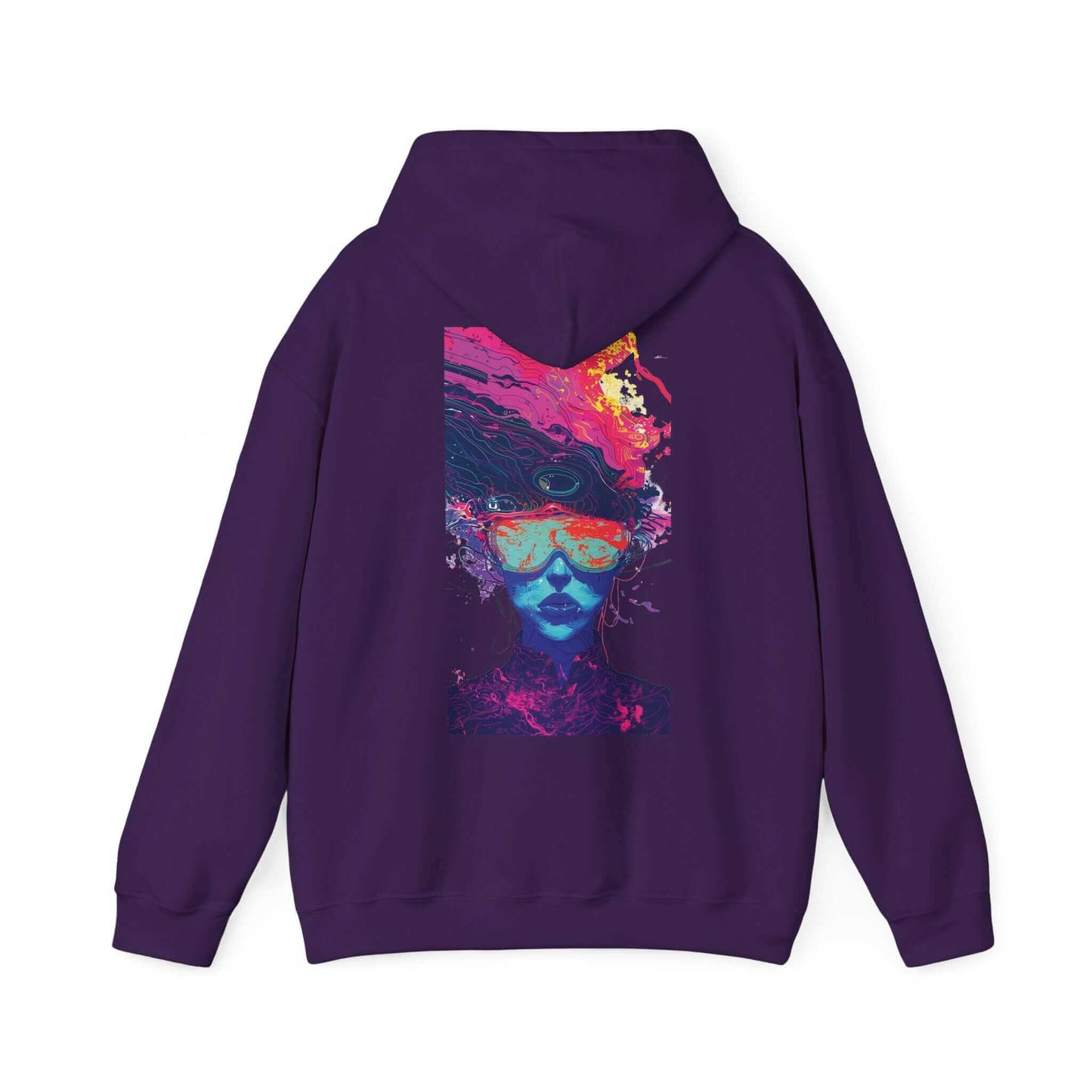 Back view of a purple Psychedelic Trip III hooded sweatshirt featuring a vibrant, colorful graphic print, ideal for lovers of bold designs and graphic hoodies.